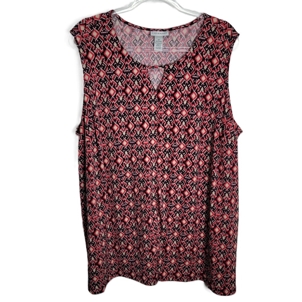Catherines 2X Sleeveless Top Red Black Geometric Print Keyhole V-Neck Shell
